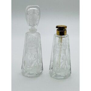 Vtg Etched Frosted Flower Perfume Bottles (2)With Brass Sprayer Top And Stopper